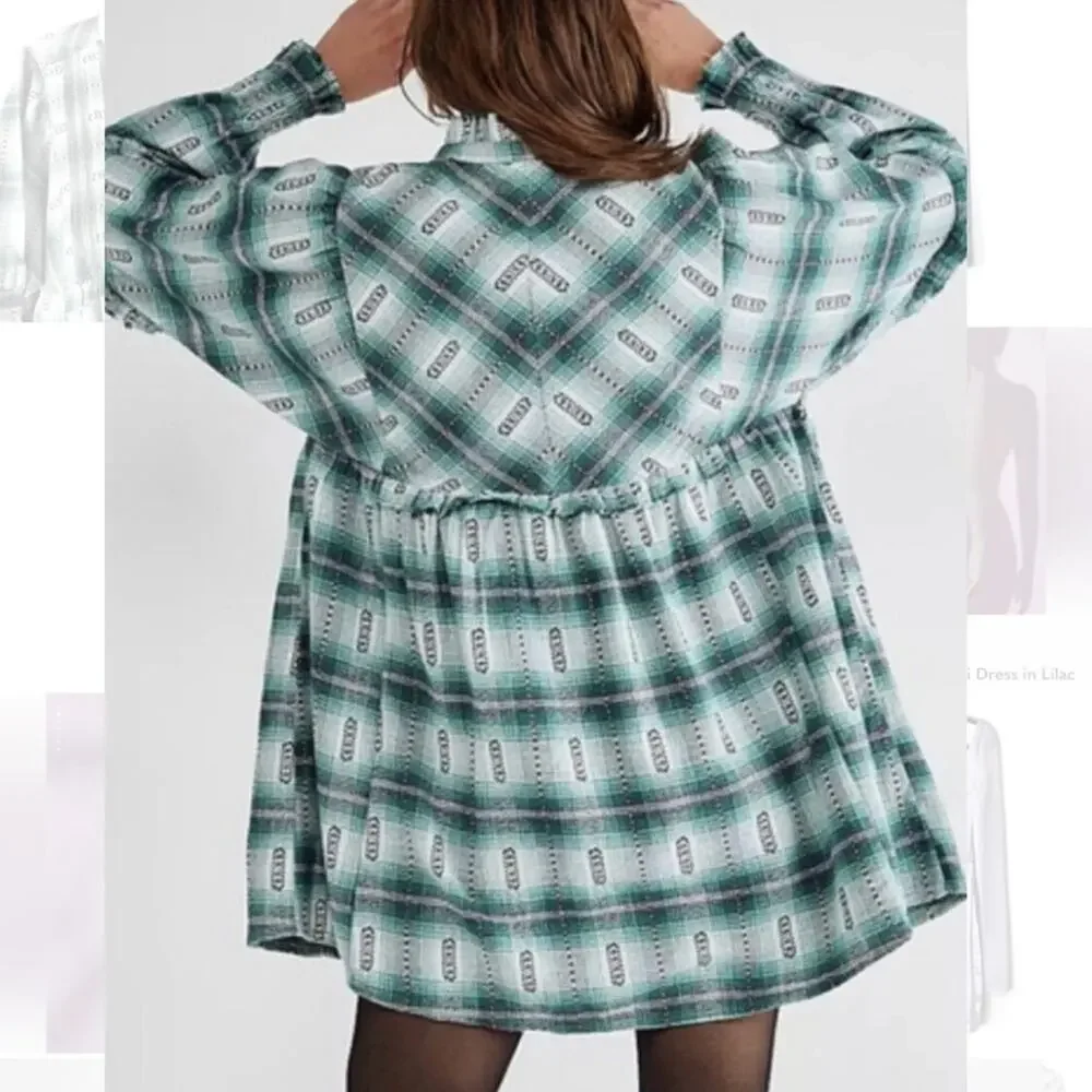 Free People Green Redwood Flannel Plaid Babydoll Mini Dress Size Medium